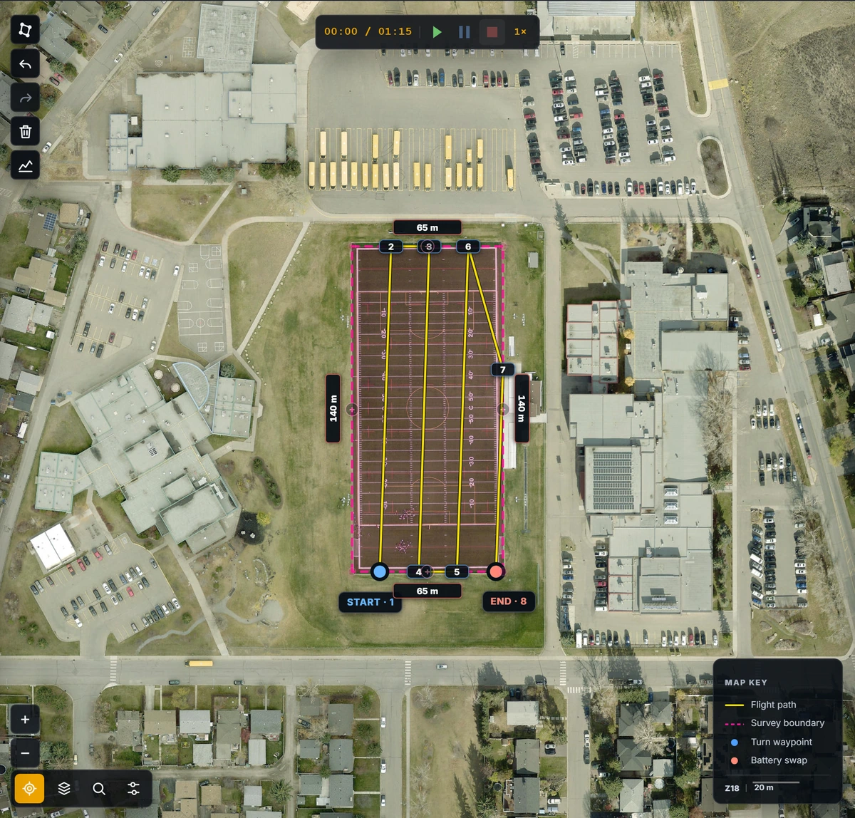 Parallel 2D survey grid covering a polygon on the map