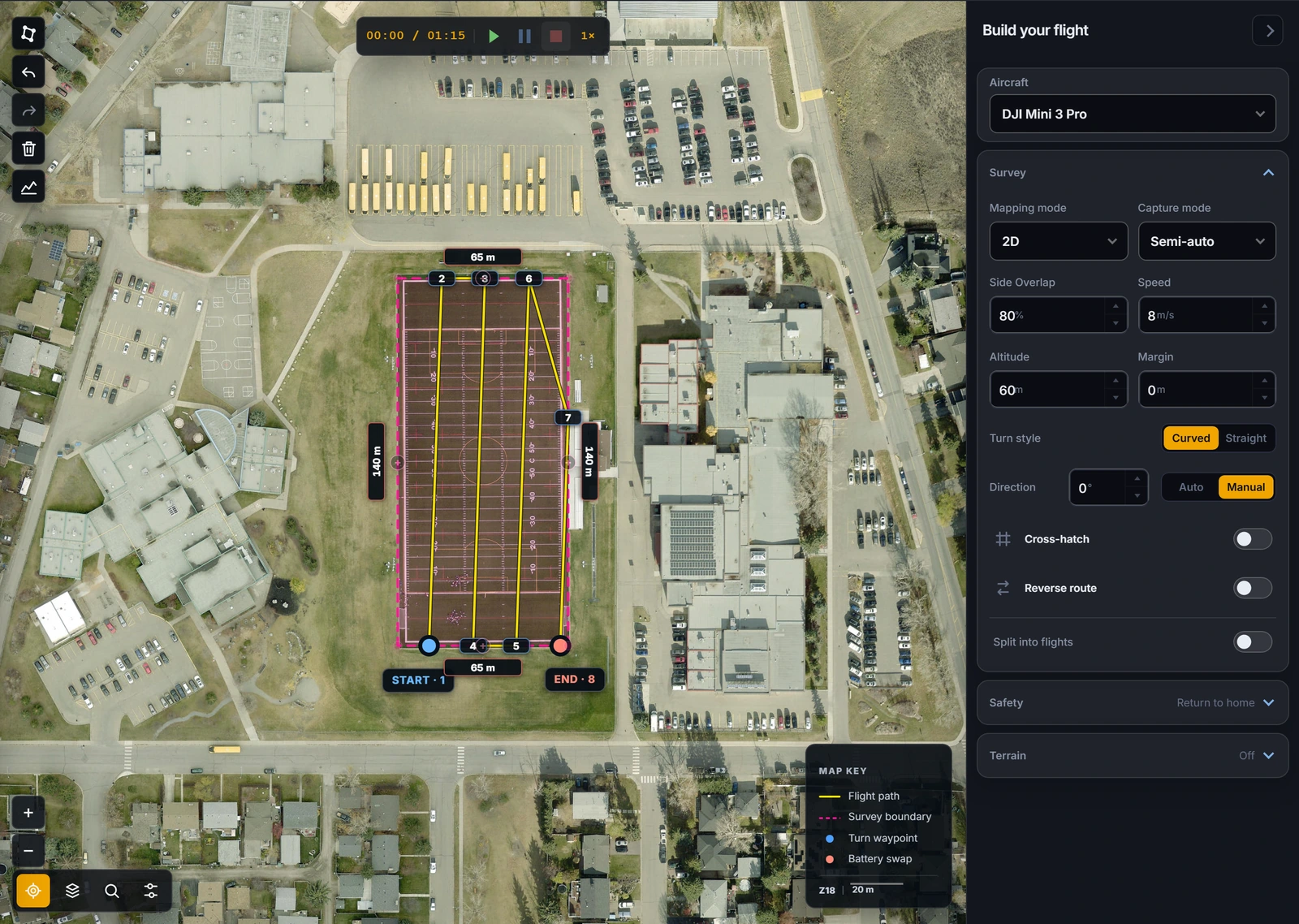 Generated flight route with the flight settings panel in the FlyPath planner