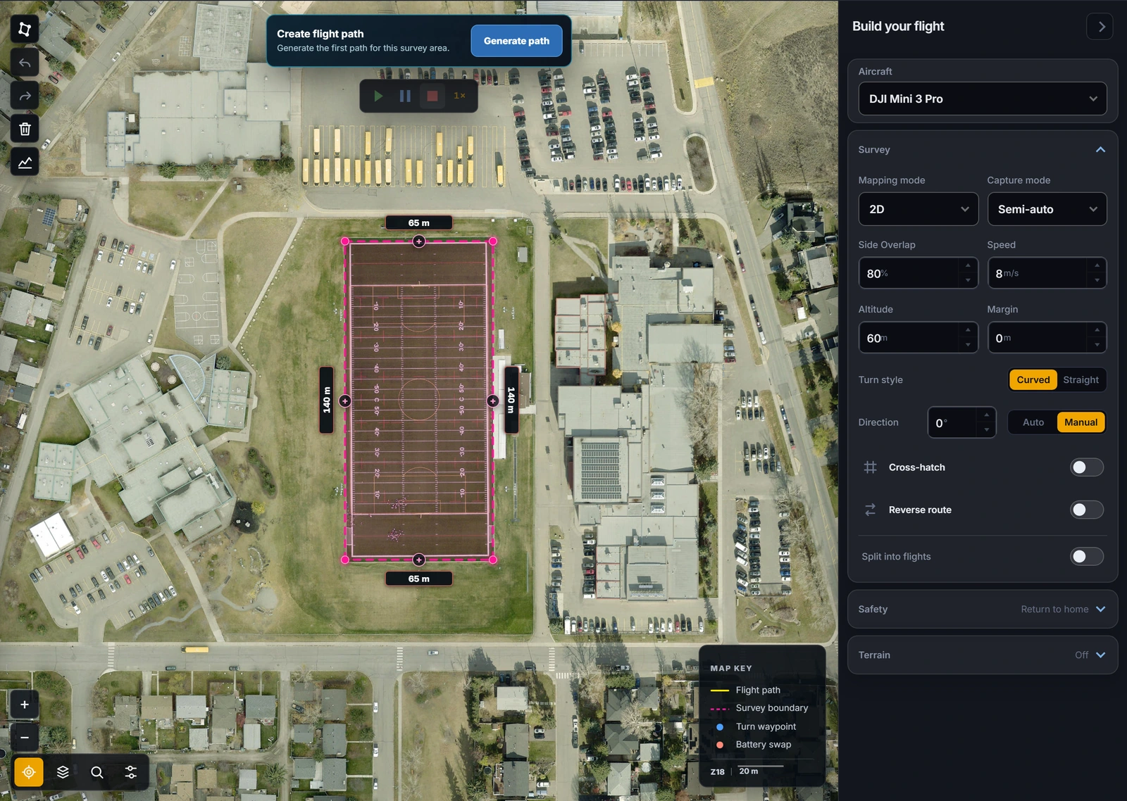 Survey area polygon drawn on the satellite map in the FlyPath planner