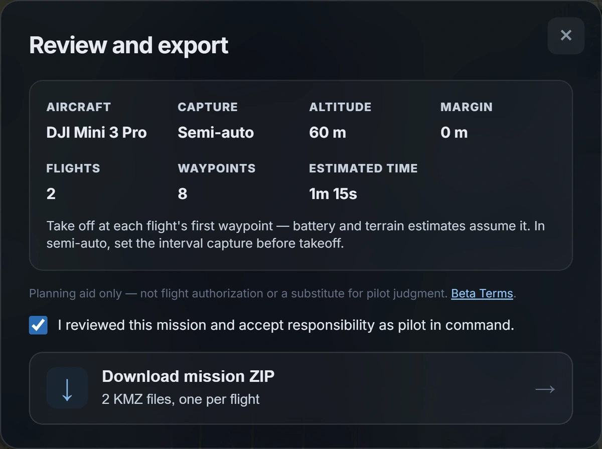 Confirmed mission review ready to download a ZIP with two DJI WPML KMZ flights