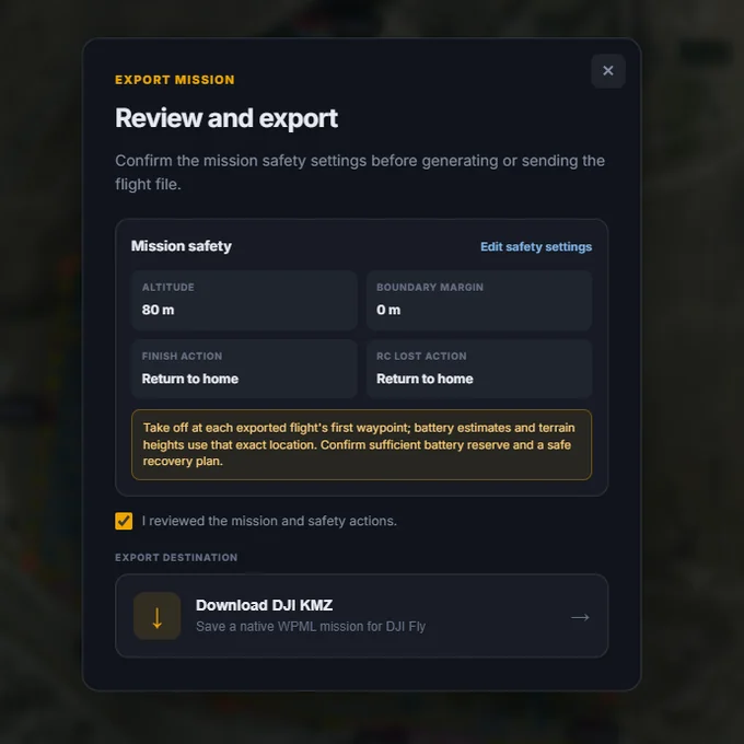 Reviewing and exporting the mission as a DJI WPML KMZ file